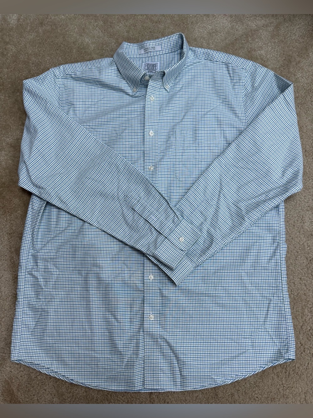 L.L. Bean Men's 17.5-37 Blue and White/Green Micro-Check Button-Down Shirt.